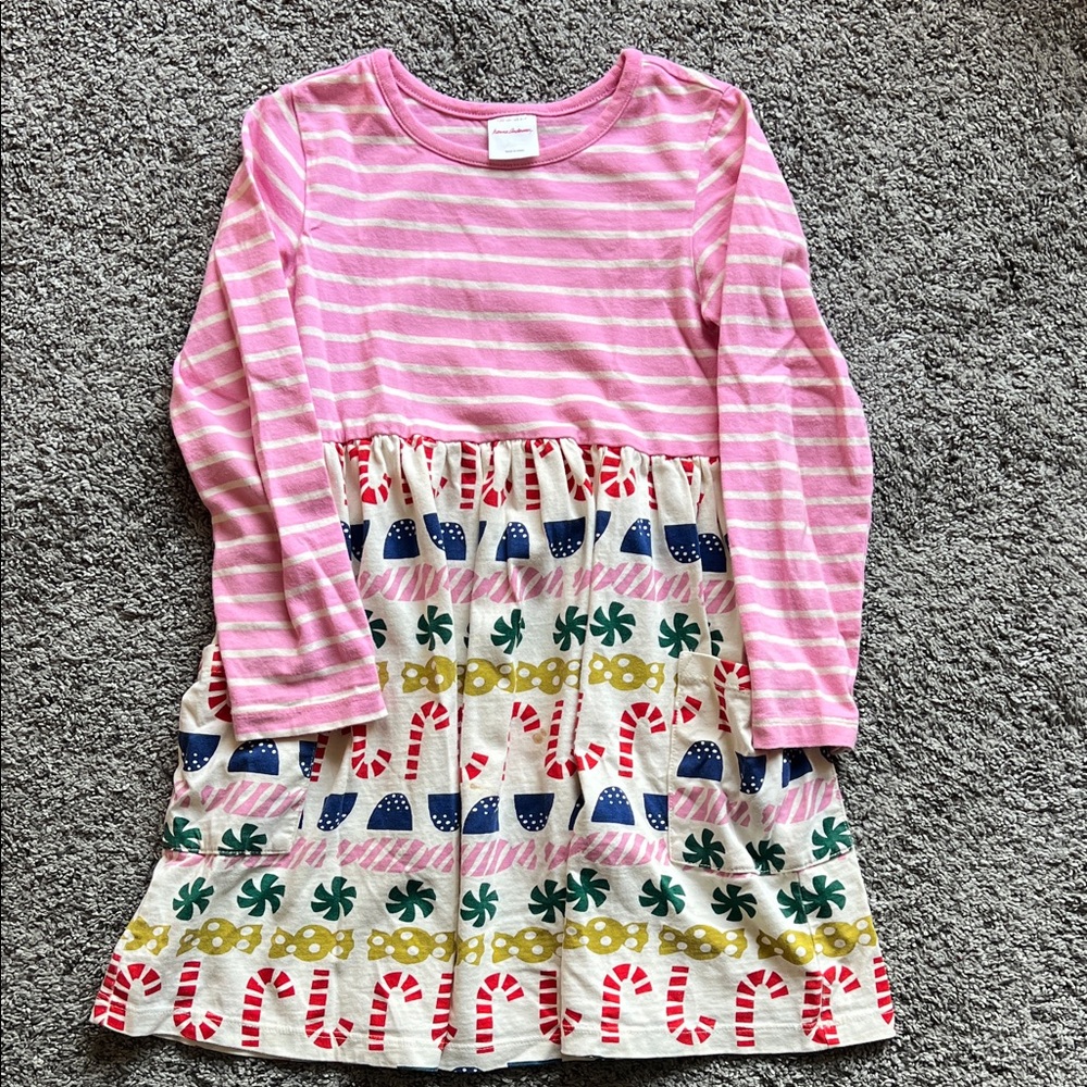 Hanna Andersson Pink Striped Long Sleeve Dress with Festive Pattern